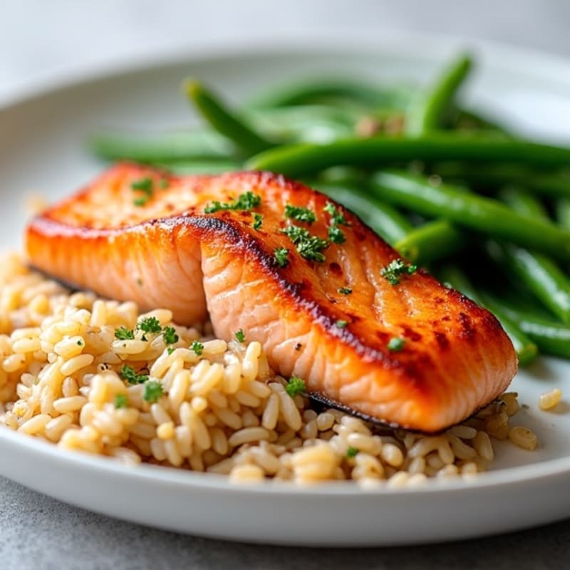 Seared Salmon with Garlic Green Beans and Brown Rice