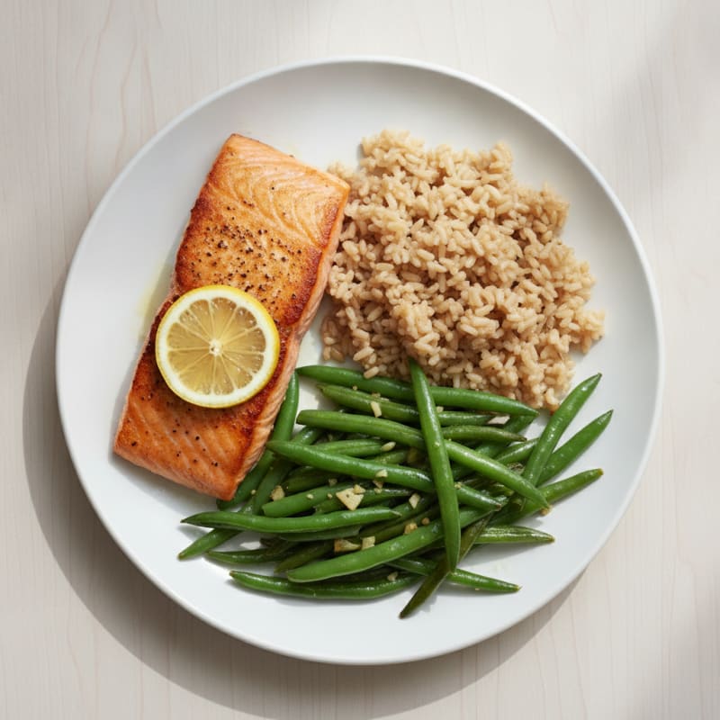 Seared Salmon with Garlic Green Beans and Brown Rice