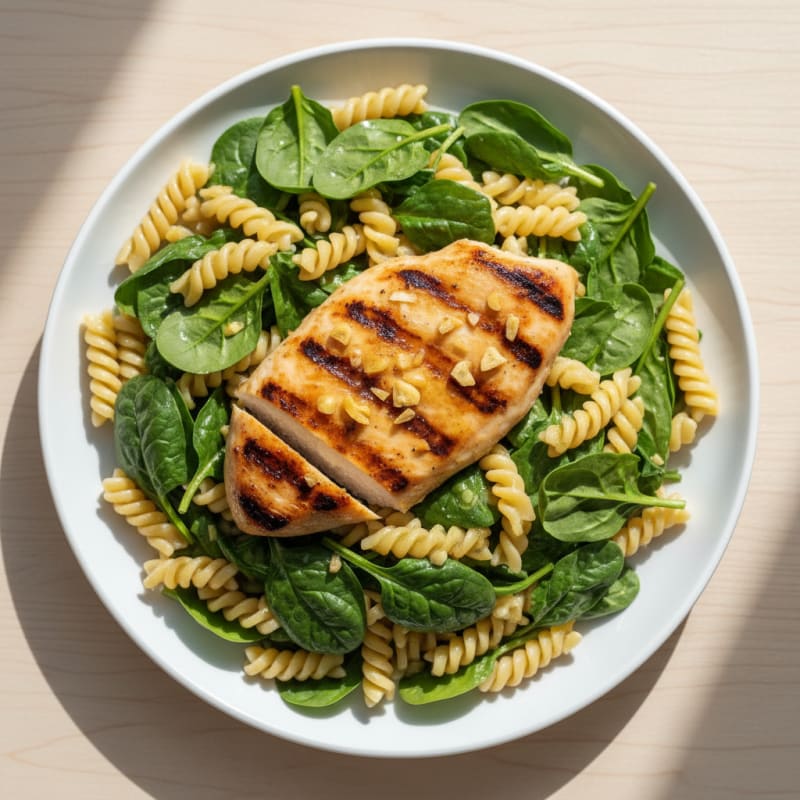 Grilled Chicken Breast with Spinach and Chickpea Pasta Salad