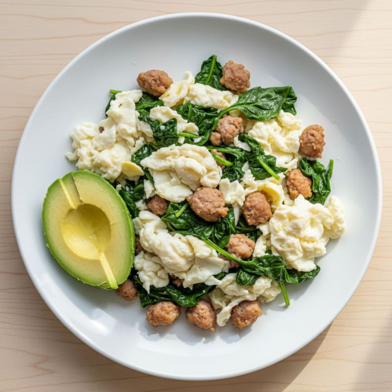 Egg White and Turkey Sausage Scramble with Sautéed Spinach