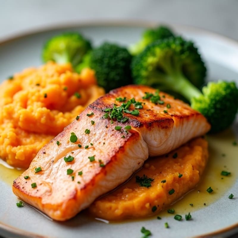 Seared Salmon with Garlic Mashed Sweet Potatoes and Steamed Broccoli