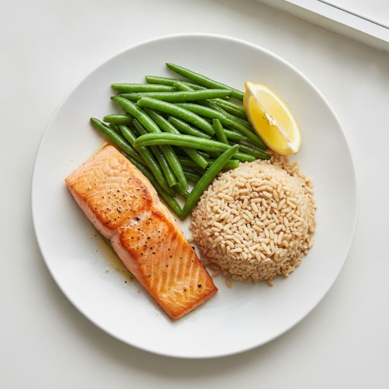 Seared Salmon Filet with Steamed Green Beans and Brown Rice