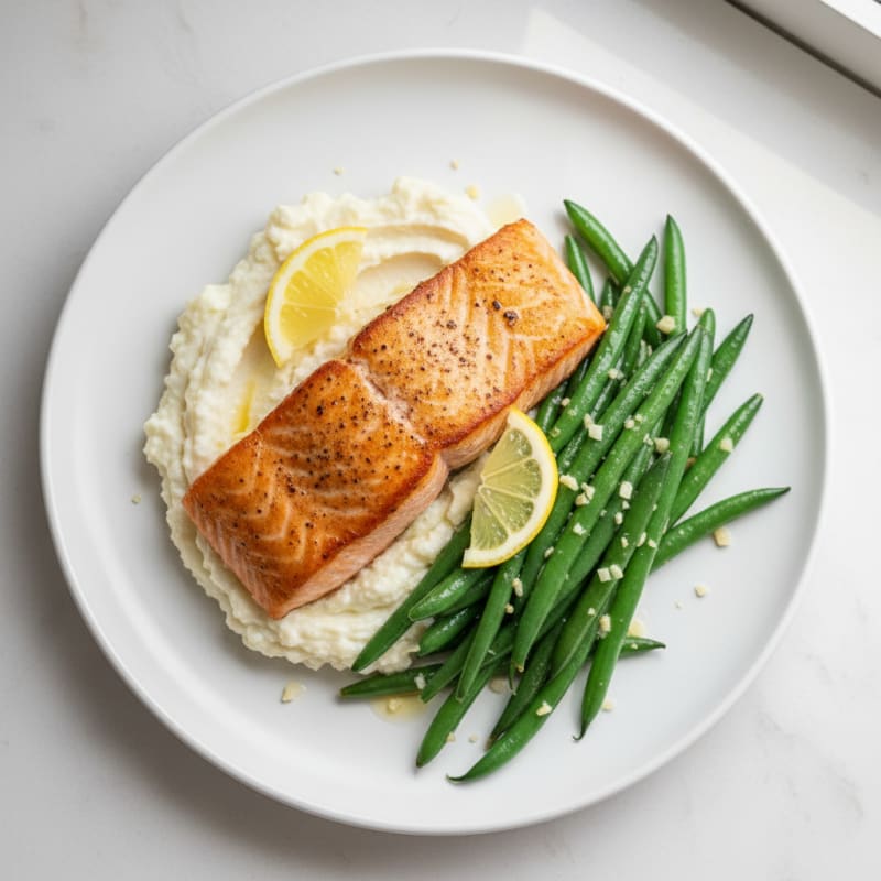 Seared Salmon with Garlic Green Beans and Mashed Cauliflower