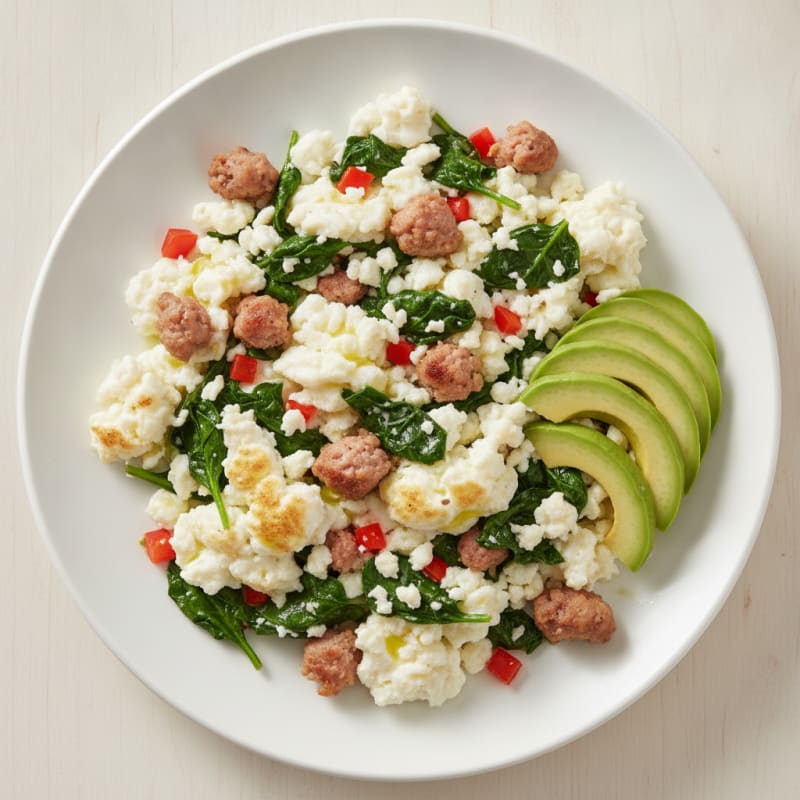 Egg White Scramble with Turkey Sausage and Sautéed Spinach