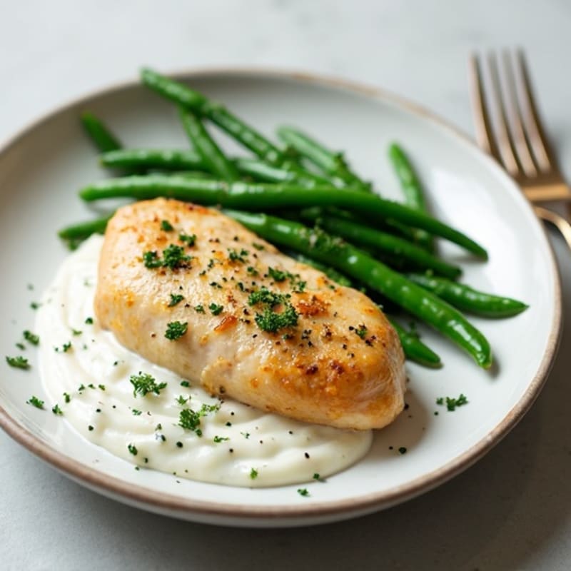 Creamy Greek Yogurt Herb Chicken with Garlic Green Beans