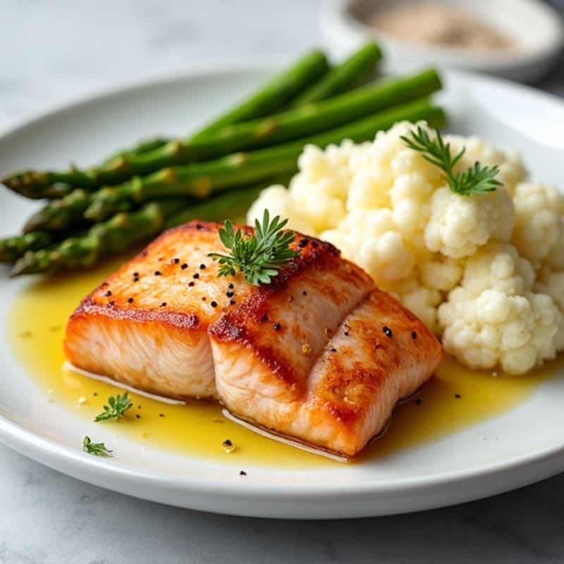 Seared Salmon with Steamed Asparagus and Garlic Mashed Cauliflower