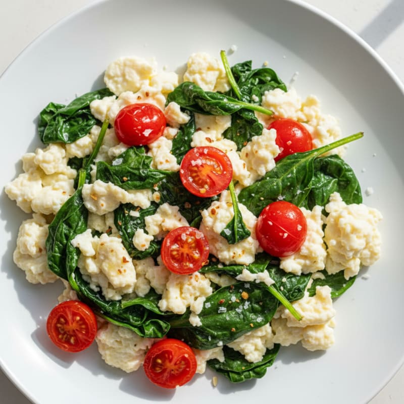 Egg White Spinach Scramble with Cherry Tomatoes