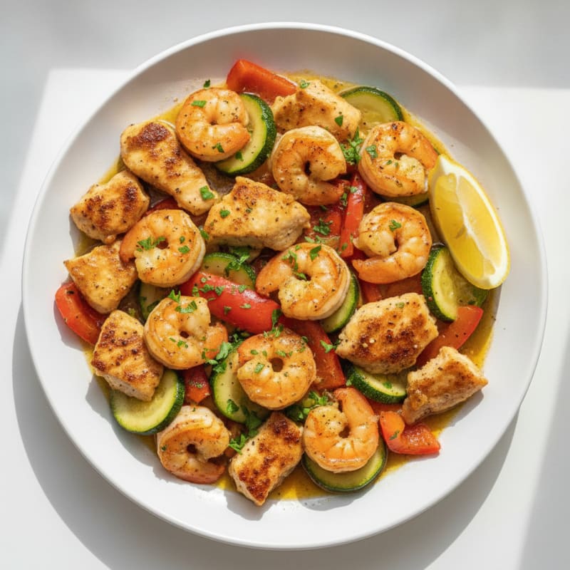 Garlic Butter Chicken and Prawns Skillet