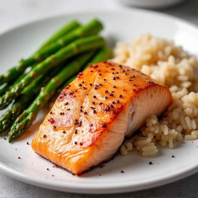 Seared Salmon with Steamed Asparagus and Brown Rice
