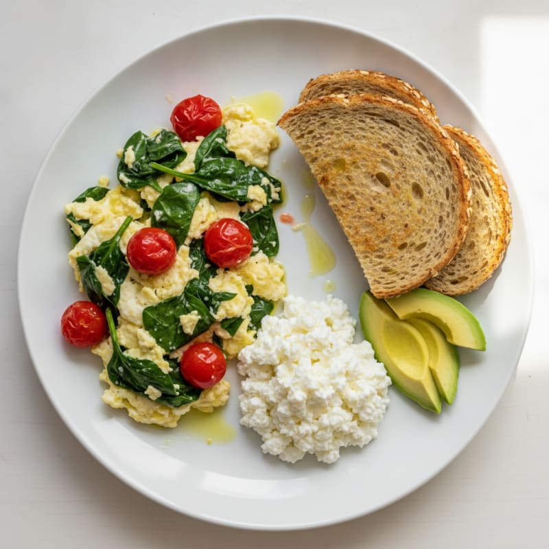 Egg White and Spinach Scramble with Cottage Cheese and Tomatoes