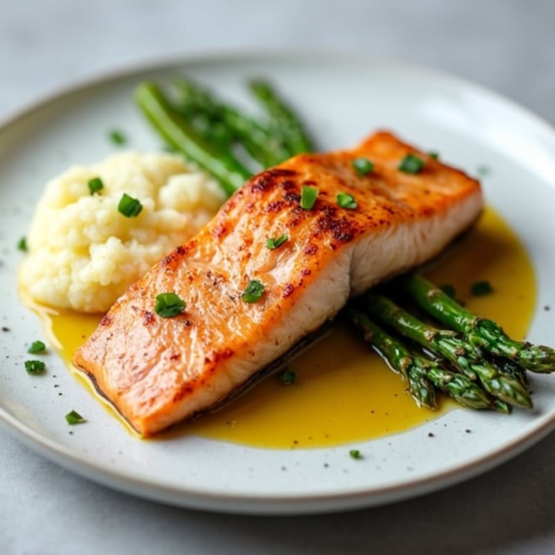 Seared Salmon with Steamed Asparagus and Cauliflower Mash
