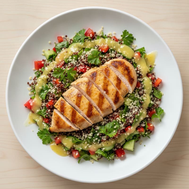 Grilled Chicken Breast with Crunchy Quinoa Salad and Lemon Dressing