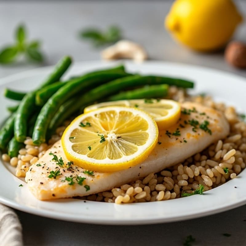 Flaky Baked Lemon Herb Tilapia with Brown Rice and Roasted Green Beans