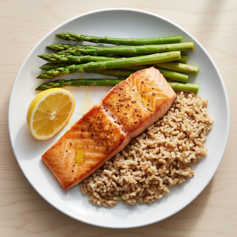 Seared Salmon Fillet with Steamed Asparagus and Brown Rice
