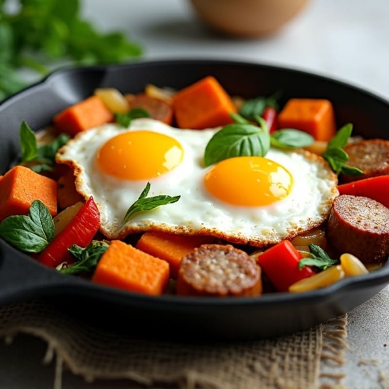 Crispy Sweet Potato and Chicken Sausage Breakfast Skillet with Eggs