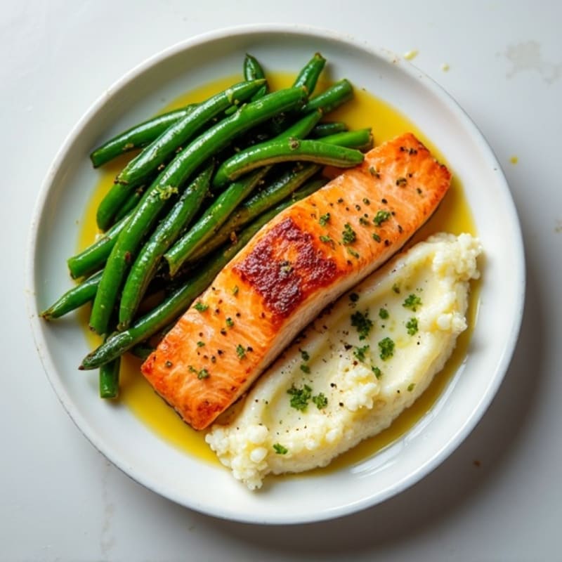 Seared Salmon with Garlic Green Beans and Cauliflower Mash