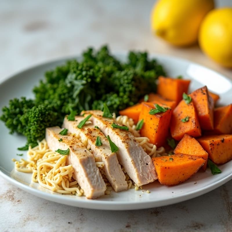 Lemon Herb Shredded Chicken with Roasted Sweet Potatoes and Crispy Greens