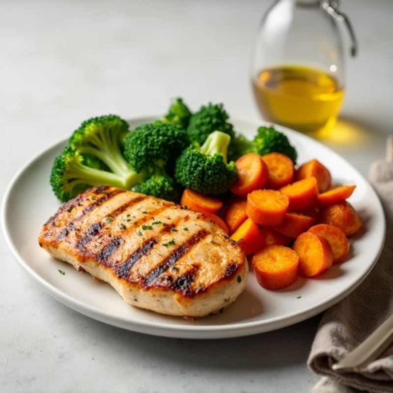 Grilled Chicken Breast with Roasted Sweet Potatoes and Steamed Broccoli