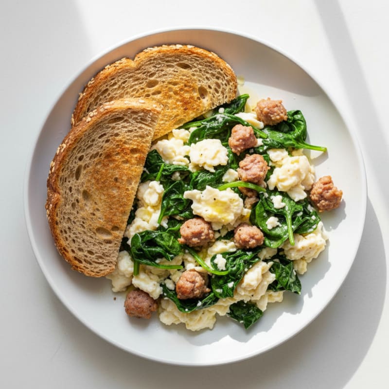 Scrambled Egg Whites with Turkey Sausage and Sautéed Spinach