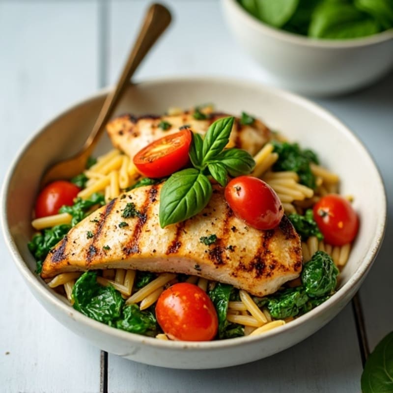 Chicken Pesto Whole Wheat Pasta with Blistered Tomatoes and Spinach