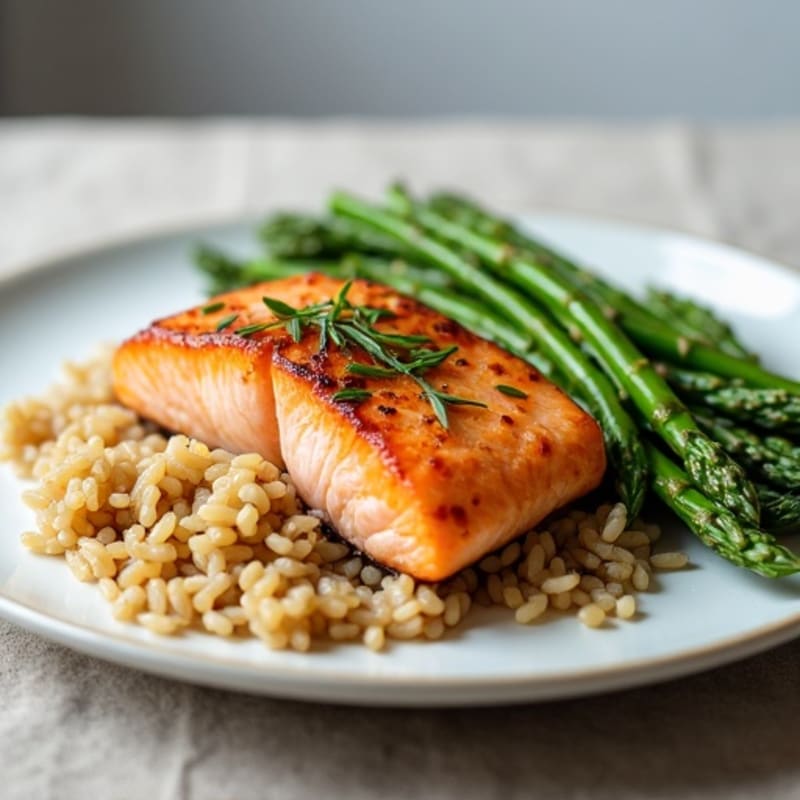 Seared Salmon with Steamed Asparagus and Brown Rice