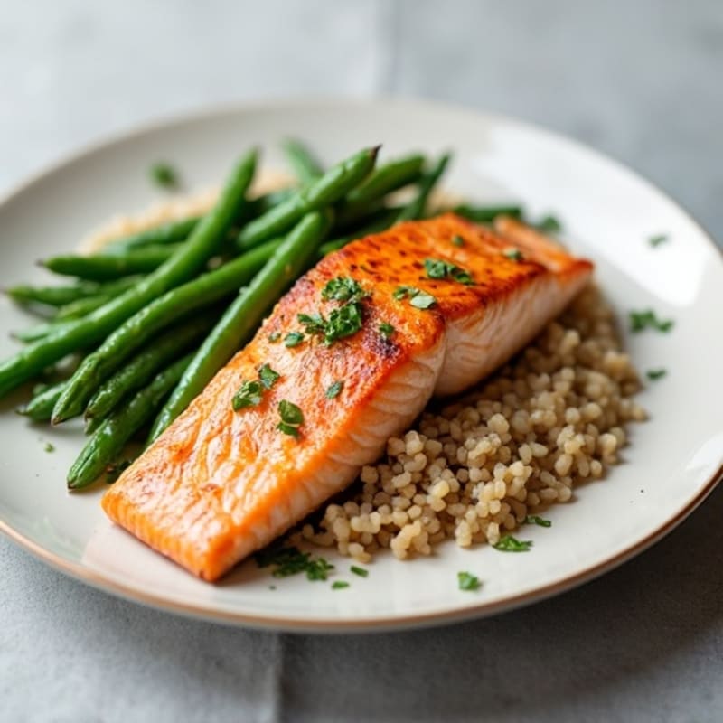 Seared Salmon with Garlic Green Beans and Brown Rice