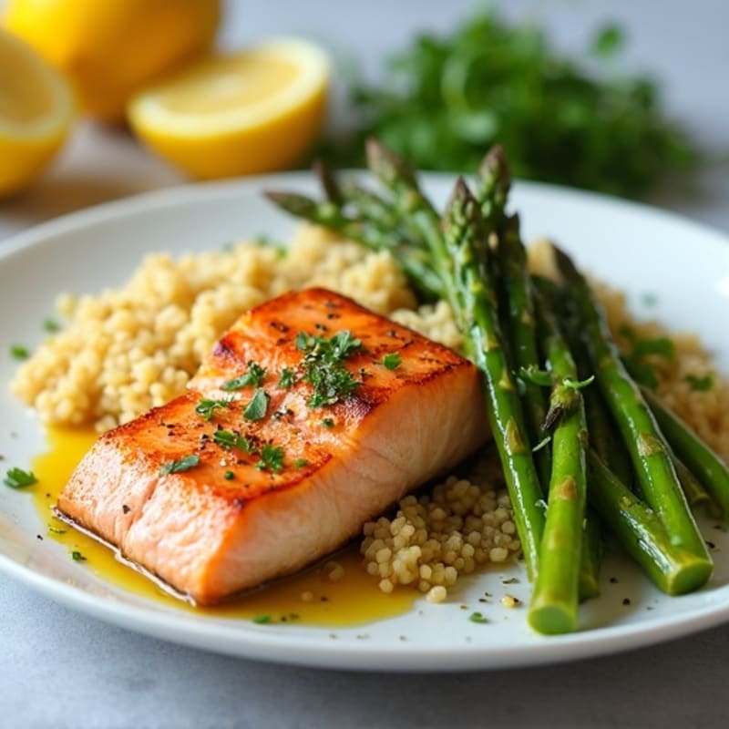 Seared Salmon with Steamed Asparagus and Lemon
