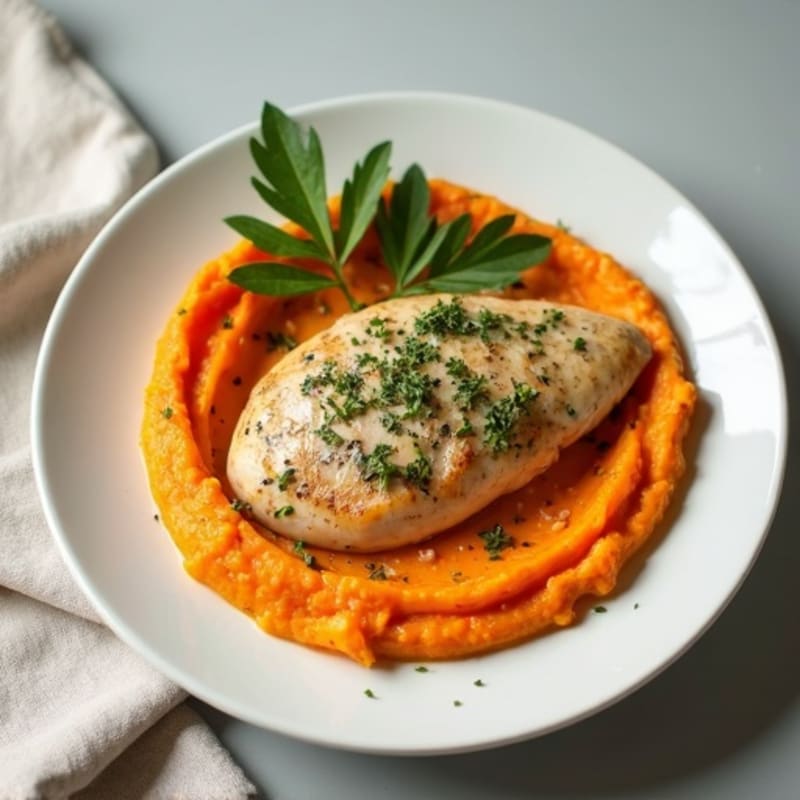 Creamy Herb-Roasted Chicken with Silky Sweet Potato Puree