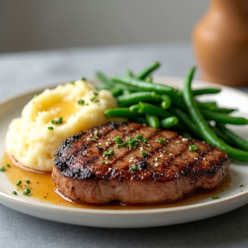 Seared Sirloin Steak with Garlic Mashed Potatoes and Steamed Green Beans