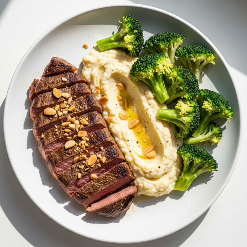 Seared Lean Beef with Steamed Broccoli and Cauliflower Mash