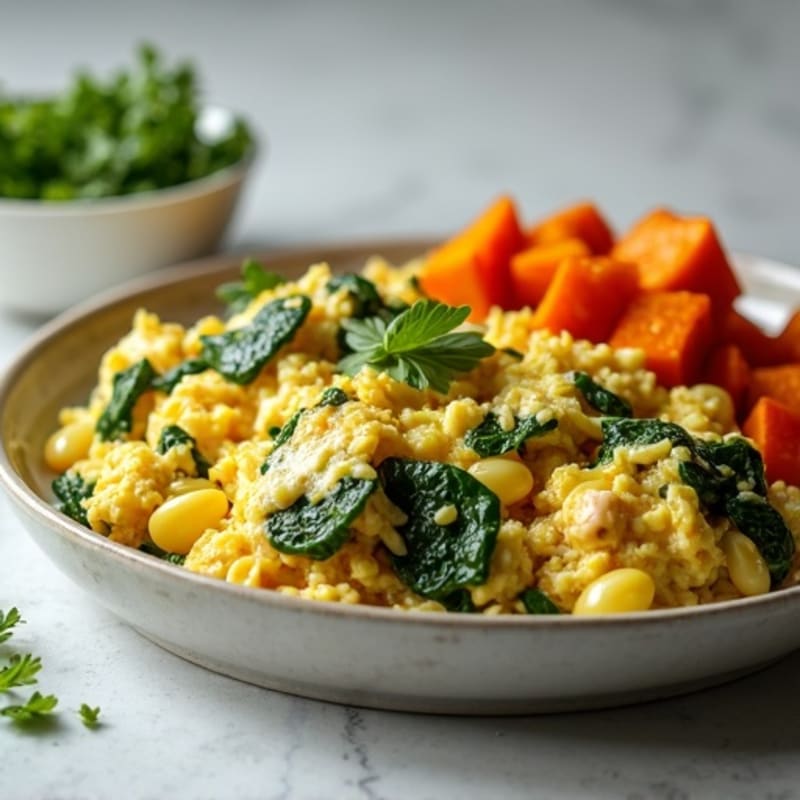 Egg White and Turkey Spinach Scramble with Roasted Sweet Potatoes