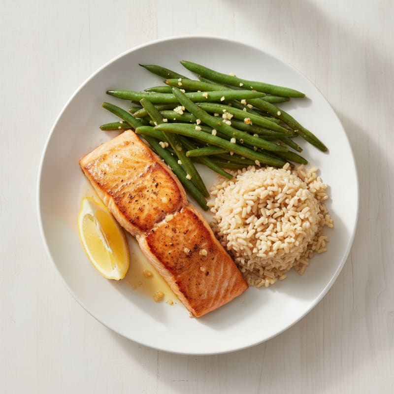 Seared Salmon with Garlic Green Beans and Brown Rice