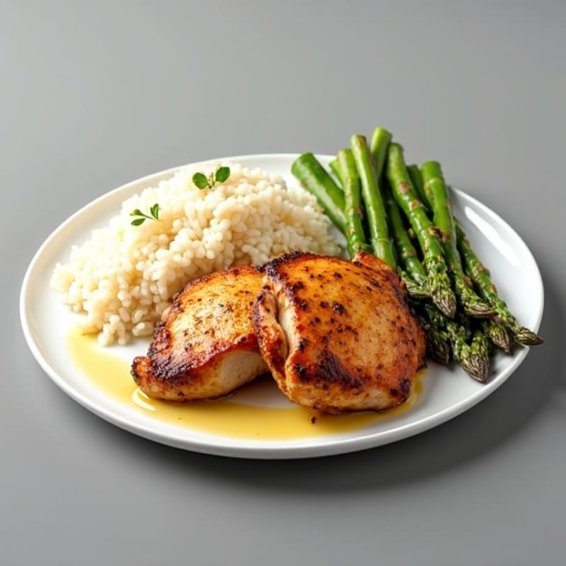 Seared Chicken Thighs with Garlic Rice and Roasted Asparagus