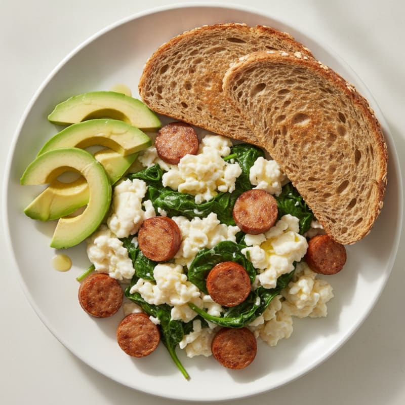 Egg White Spinach Scramble with Turkey Sausage