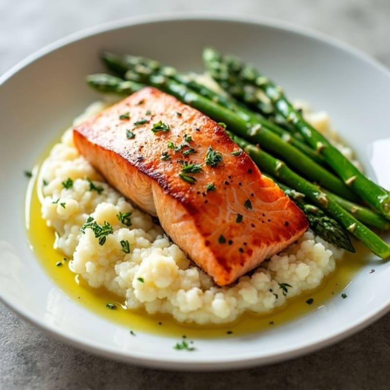 Seared Salmon with Steamed Asparagus and Cauliflower Mash