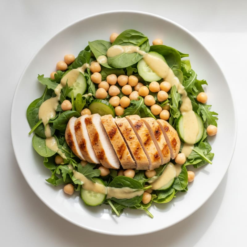 Grilled Chicken Breast Salad with Chickpeas and Lemon-Tahini Dressing
