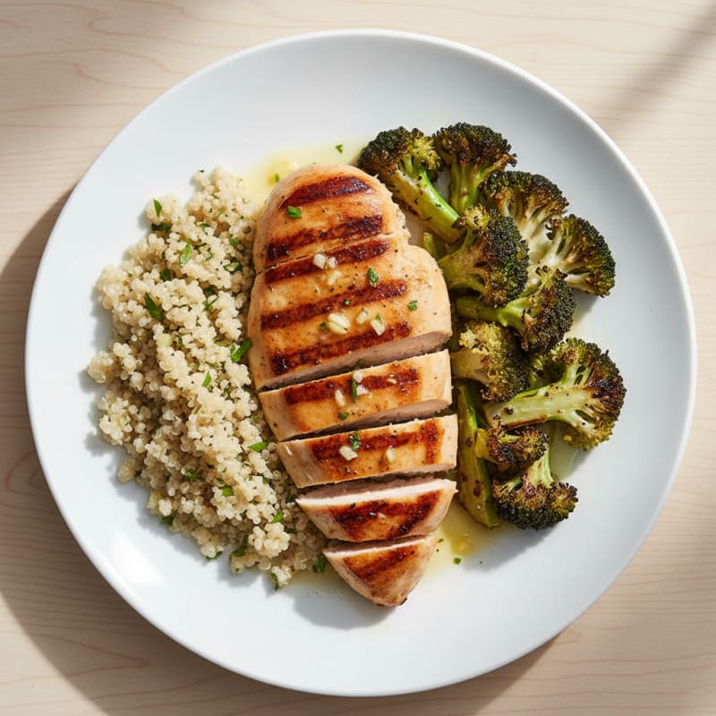 Grilled Lemon-Garlic Chicken Breast with Quinoa and Roasted Broccoli