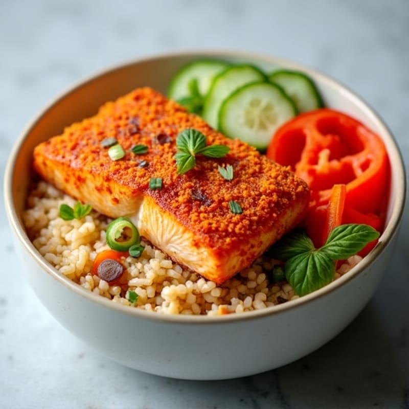 Crispy Baked Spicy Salmon Rice Bowl with Fresh Vegetables