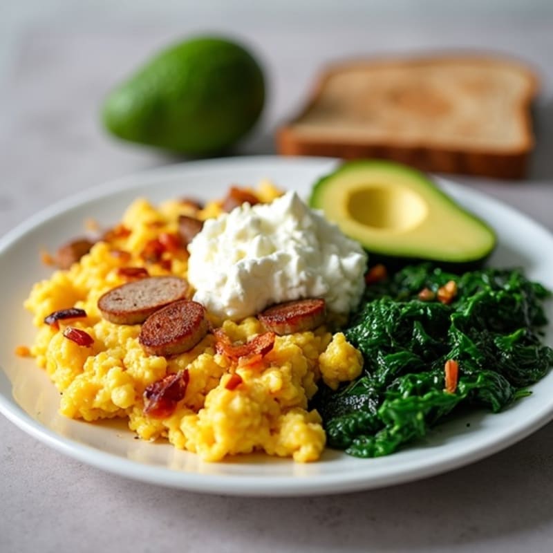 Egg White and Turkey Sausage Scramble with Cottage Cheese and Sautéed Spinach