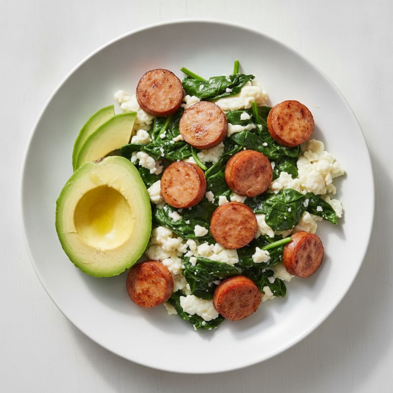 Egg White Scramble with Turkey Sausage and Sautéed Spinach