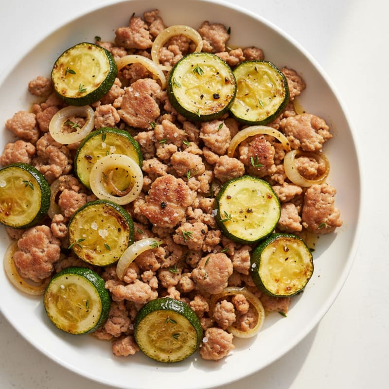 Ground Pork with Roasted Zucchini and Shallot