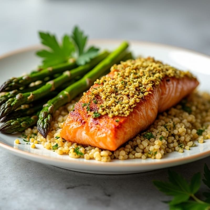 Crispy Pistachio-Crusted Salmon with Roasted Asparagus and Lemon-Herb Quinoa