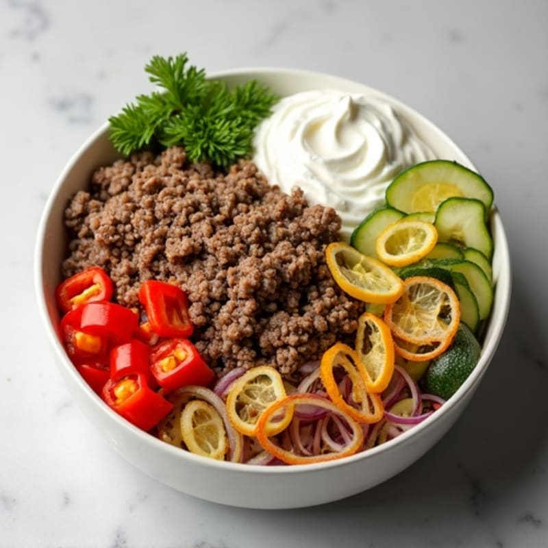 Lean Ground Beef Protein Bowl with Crispy Veggies and Creamy Tangy Dressing