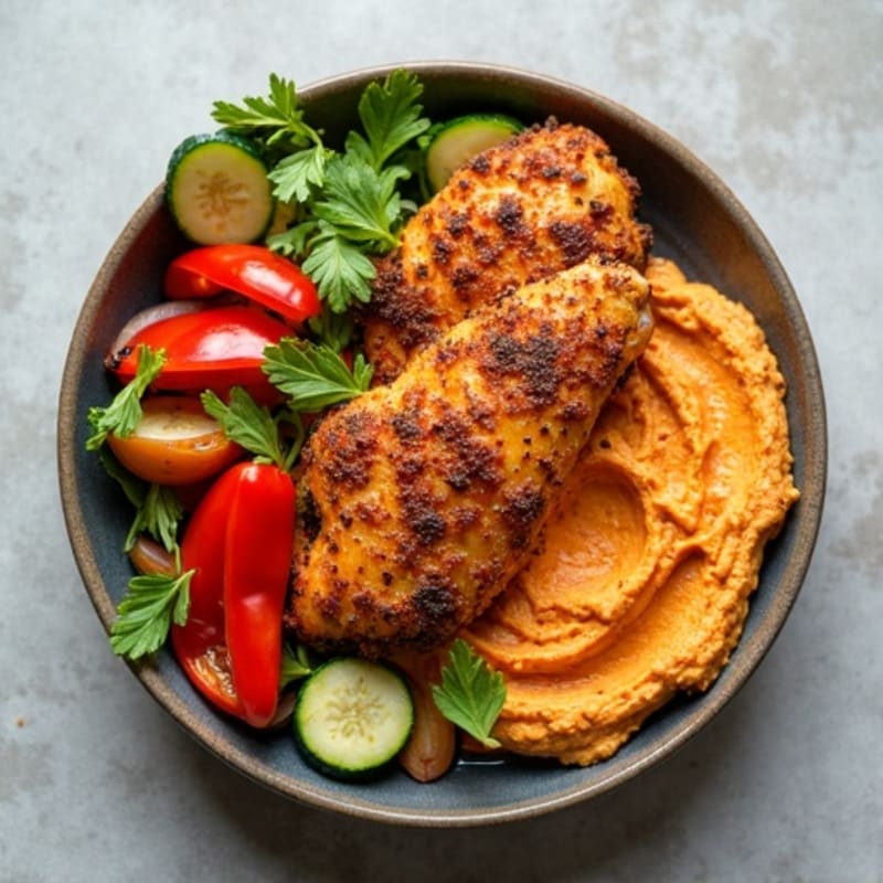Crispy Chicken and Roasted Vegetable Bowl with Creamy Roasted Red Pepper Hummus