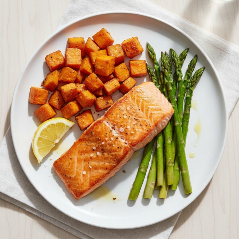 Seared Salmon with Roasted Sweet Potatoes and Asparagus