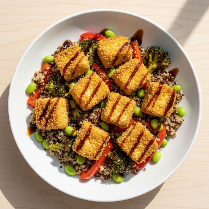 Crispy Tofu and Edamame Power Bowl with Quinoa and Roasted Vegetables