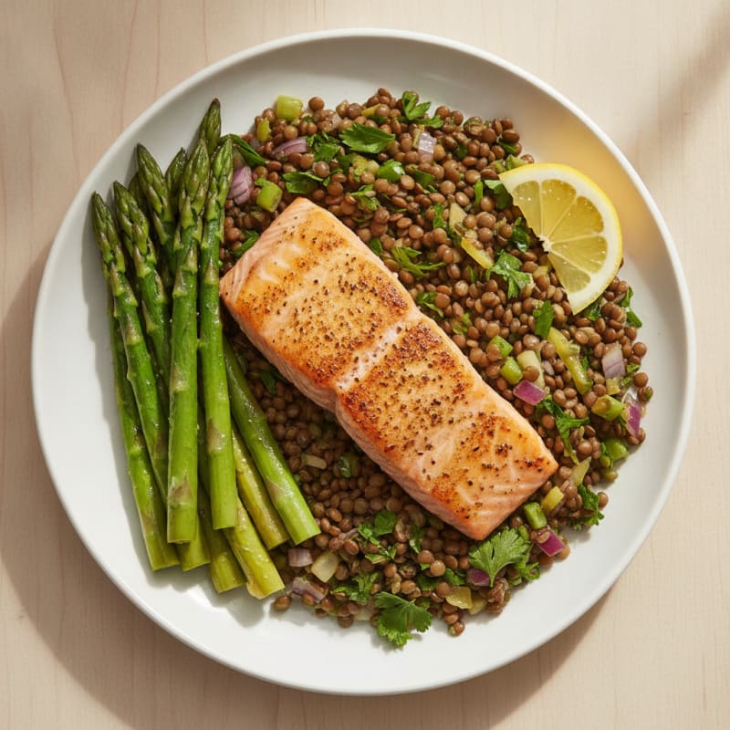 Seared Salmon with Steamed Asparagus and Lentil Salad