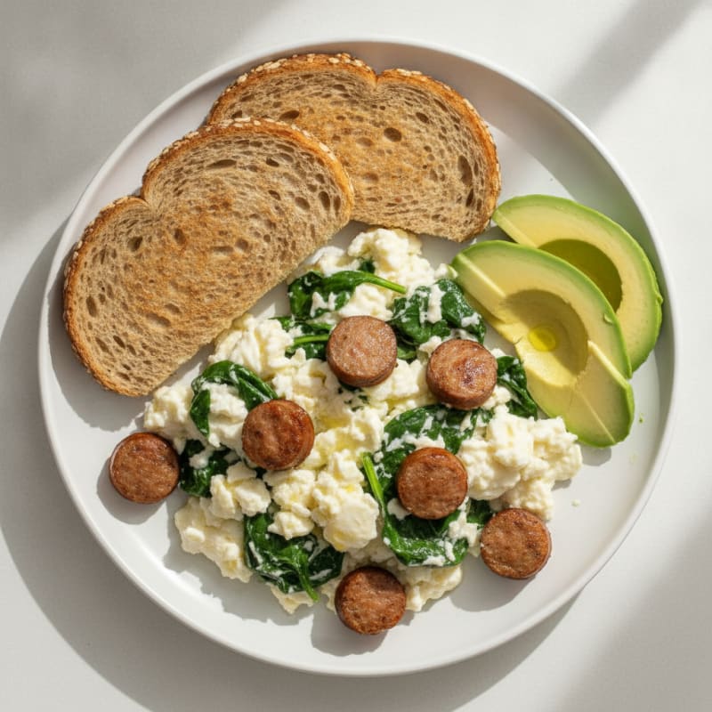 Egg White Spinach Scramble with Turkey Sausage