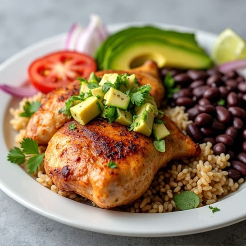 Roasted Chicken Thighs with Brown Rice, Black Beans, and Fresh Avocado Salsa