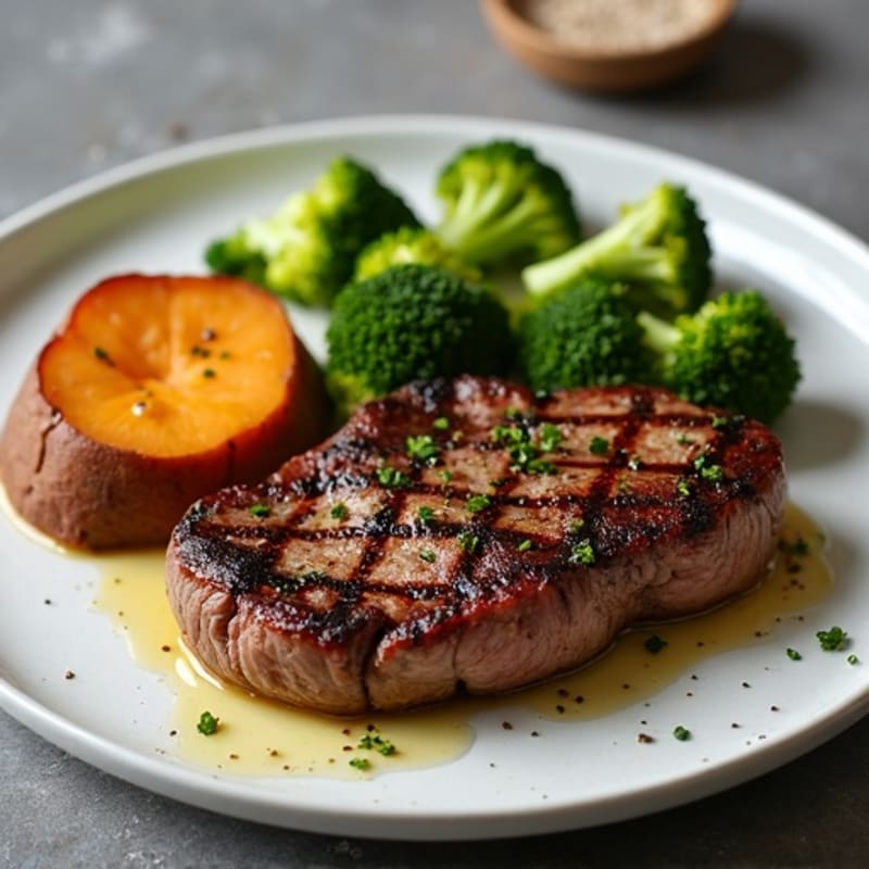 Seared Steak with Roasted Broccoli and Sweet Potato